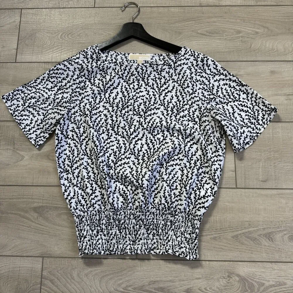 MICHAEL Michael Kors Black and White Leaf Print Smocked Waist Blouse, S/P